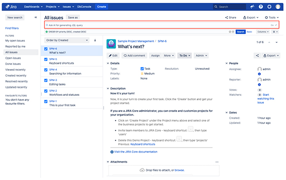자연어 입력 시 JQL로 전환 및 검색 UI Mockup